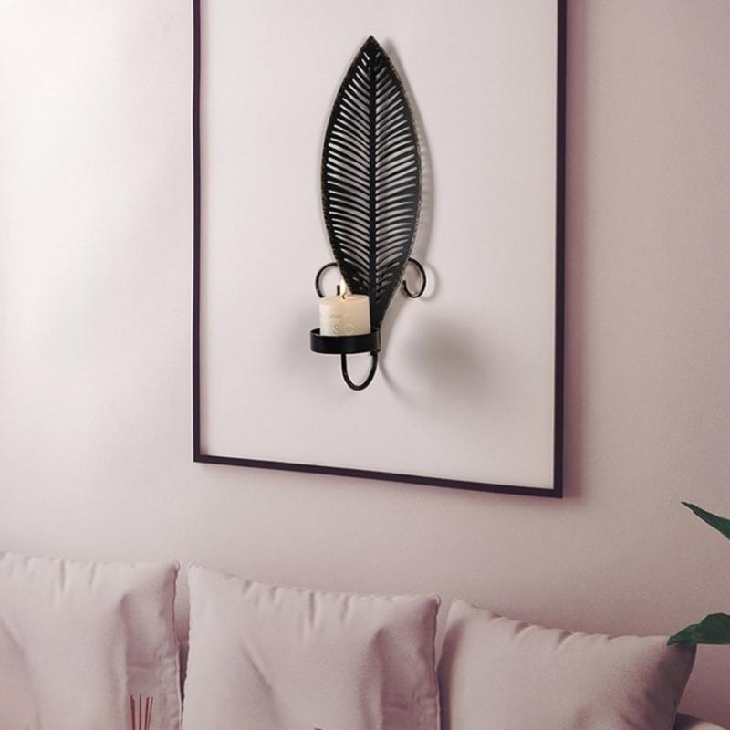 Elegant Black Metal Wall Candle Sconces, Leaf Shape Decorative Candlestick Candle Holders For Home And Event 2PCS