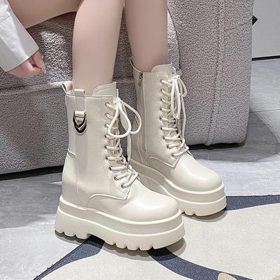 Fashion 9.5CM Women Autumn Mid-calf Boots Heels High Platform Motorcycle Boots Leather Chunky Shoes Woman Thick Bottom Short Punk Boots