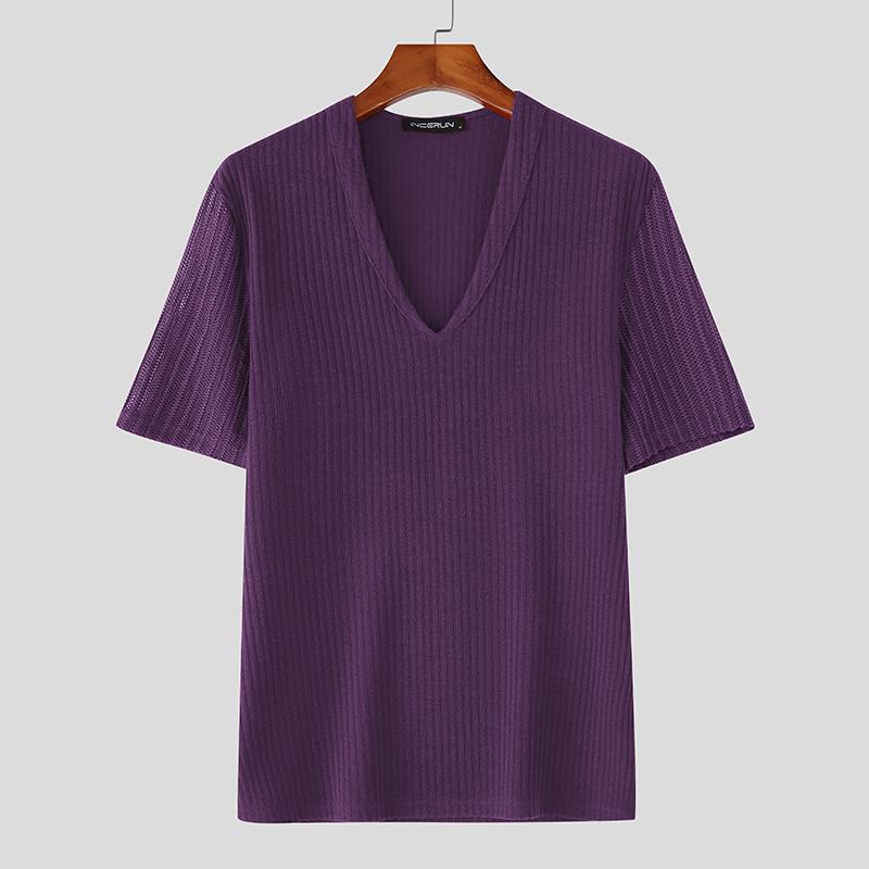 

INCERUN Summer Men Deep V Neck Patchwork Short Sleeves Fitted T-shirts Tops M фиолетовый