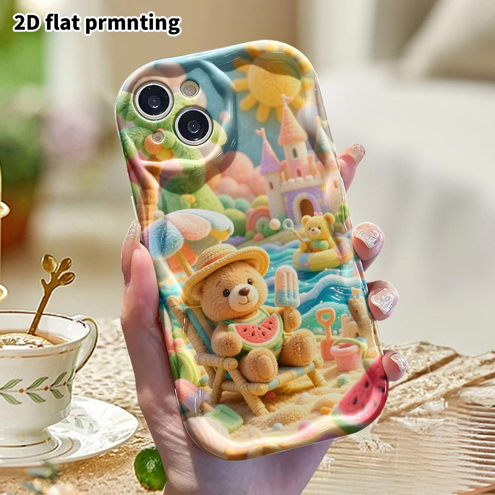 Phone Case: 2D Flat, Suitable for iPhone 18, 17, 16, 15, 14, 13, 12 Pro Protective Cases, Summer Beach Little Bear, Perfect Holiday Gift for Christmas