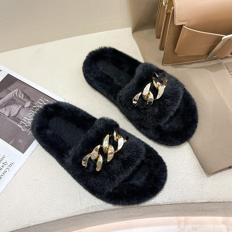 Height heel thick bottom fluffy slippers women wear autumn and winter cotton drag chain Internet celebrity popular plush slippers spring and summer