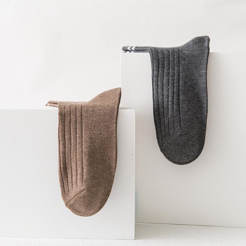 Men's Mid-calf Socks Spring and Autumn Two-bar Solid Color Cotton Socks Breathable Striped Men's Autumn and Winter Double-needle Long Calf Socks
