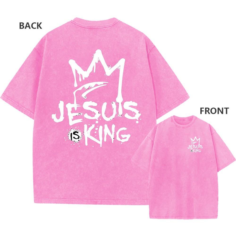 Mens Vintage Washed Cotton Oversized TShirt Jesus Is King Faith Graphic Tee