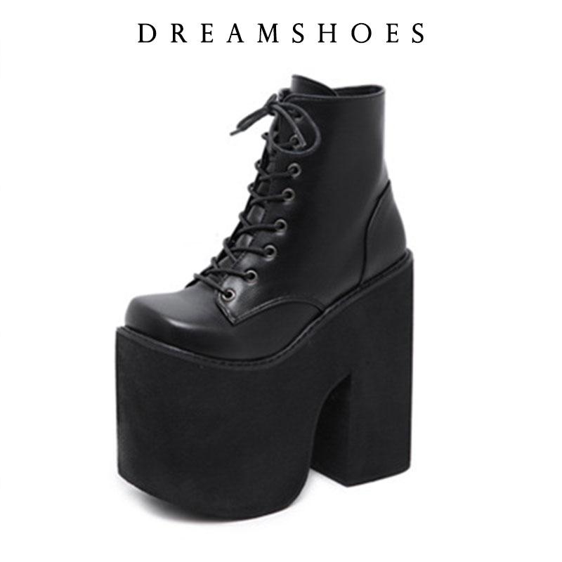 Botas Curtas Femininas Estilo Y2K 2025 Bico Quadrado Fechado Cadarço Plataforma Salto Alto Grosso Sapatos Cor Sólida