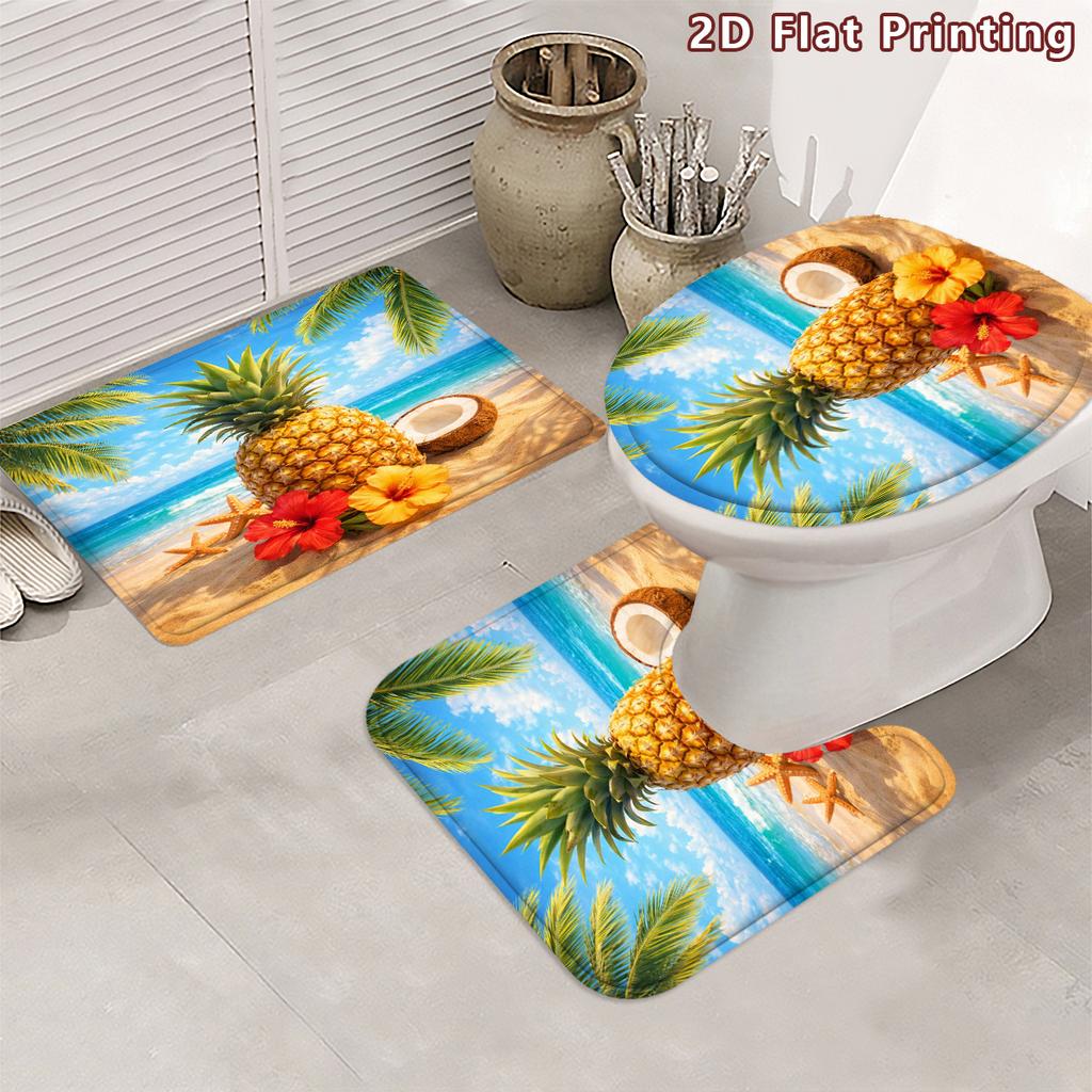 4Pcs 2D Flat Tropical Beach Shower Curtain Set with Non-Slip Bath Mat, Toilet Lid Cover, Contour Rug & 12 Hooks, Bathroom Decor