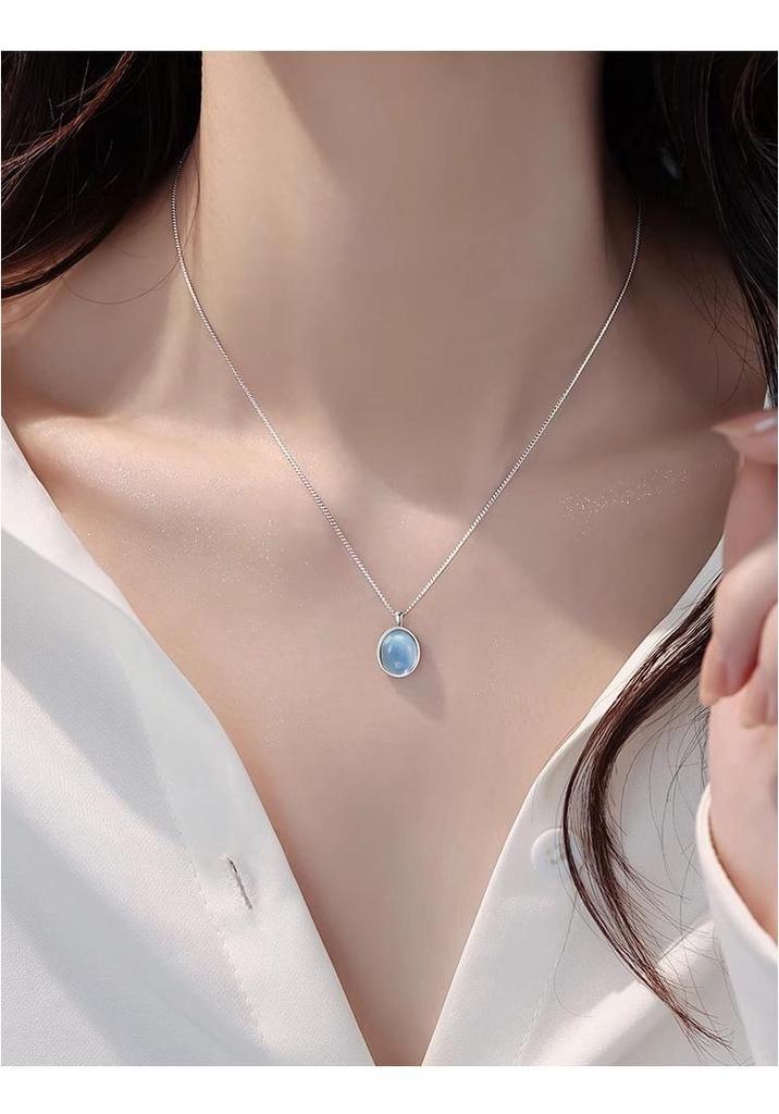 High-End S925 Sterling Silver Natural Aquamarine Oval Pendant Necklace for Women