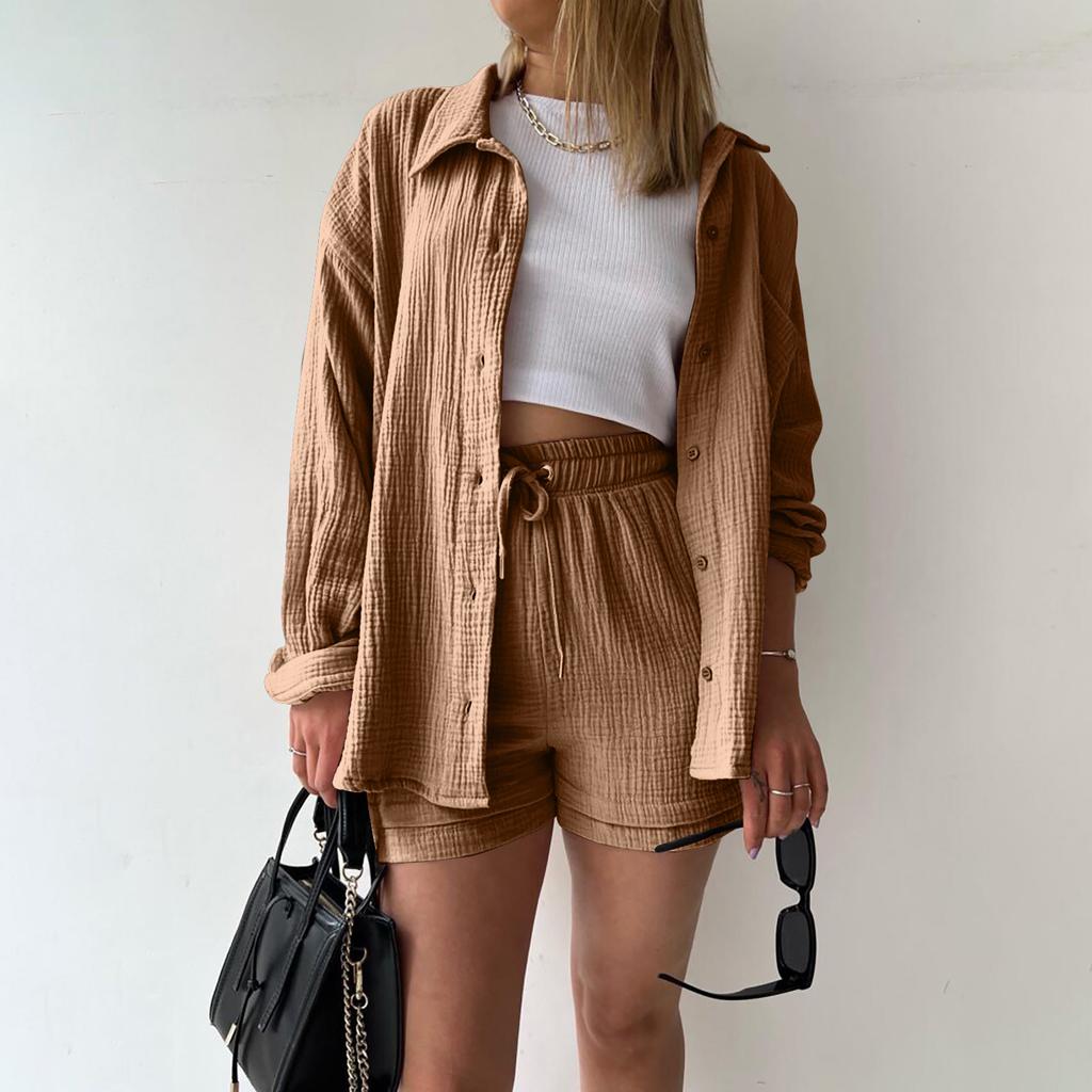 Women 2 Piece Wrinkle Collar Long Sleeve Shirt Outfits Button Down Blouse And High Waist Drawstring Shorts Sweatsuit Set