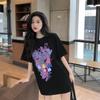 Updated Summer Black T-shirt for Womens Short-sleeved Trendyable Relaxed Fit Korean Mid-length Printed Blouse