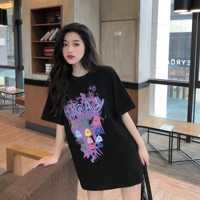 Updated Summer Black T-shirt for Womens Short-sleeved Trendyable Relaxed Fit Korean Mid-length Printed Blouse