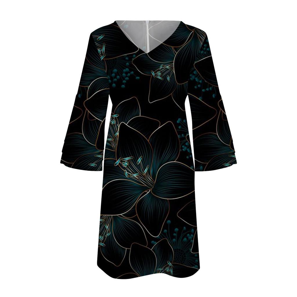 Women's Fashion Summer Temperament Elegant Fresh Printed V-Neck 3/4 Sleeves Dress