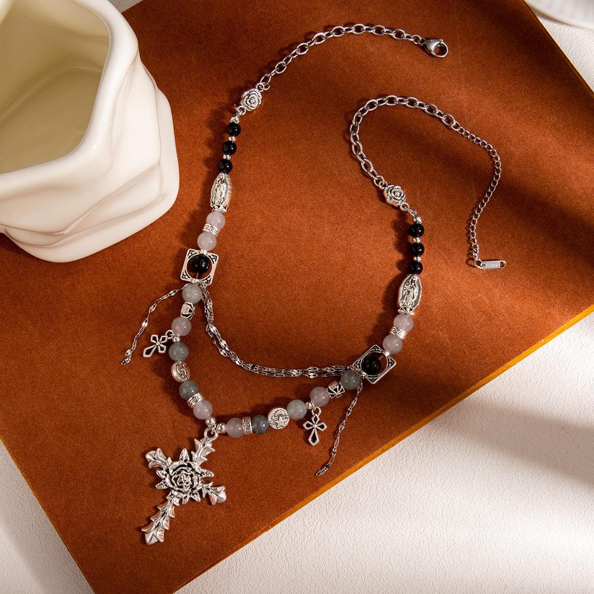 Sweet Cool Babes Cross Beaded Rose Flower Necklace Chocker Gothic Light Luxury Premium Sense Collarbone Chain