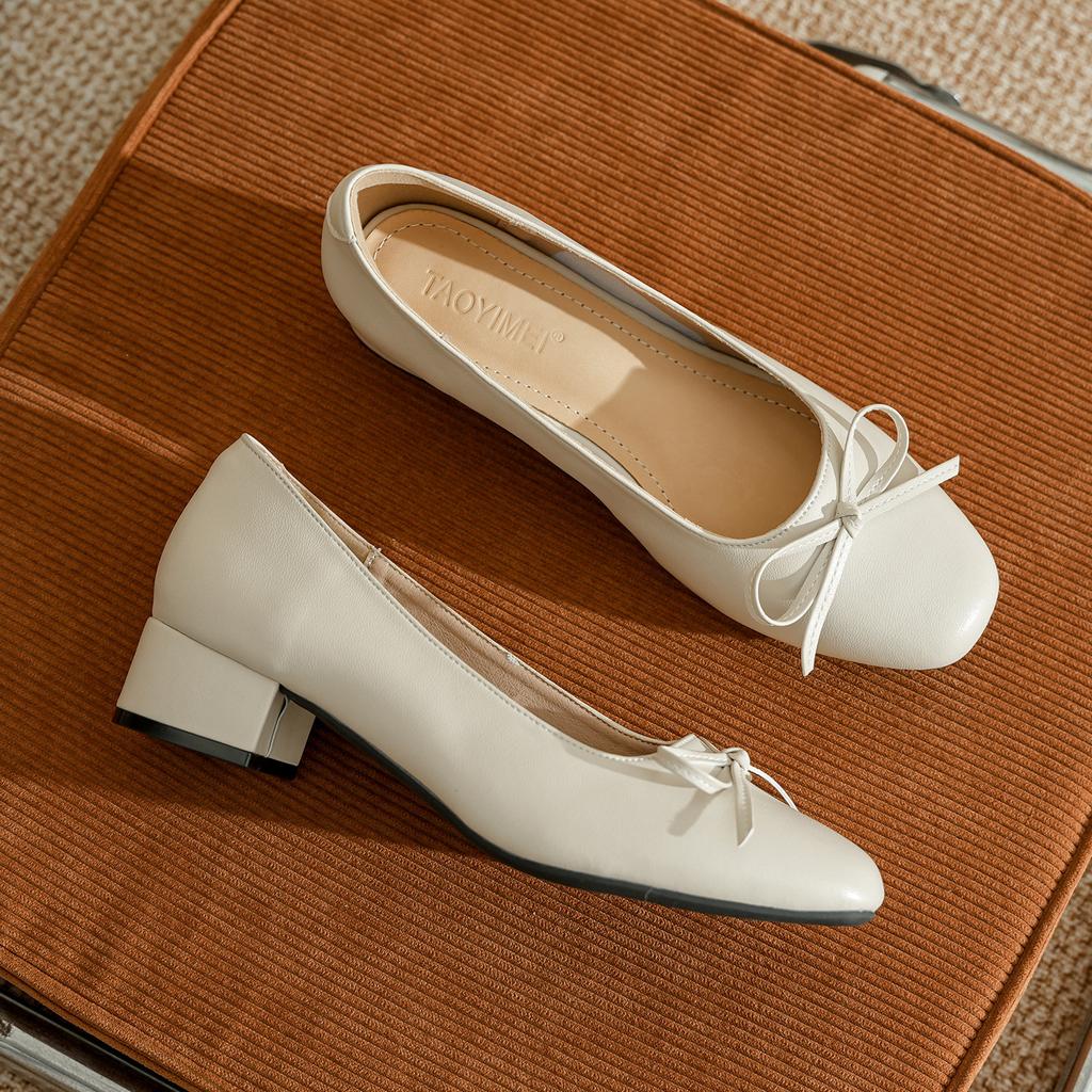 Leather retro square head bow light mouth low heel single shoes women's new autumn soft sole fairy style thick heel high heels