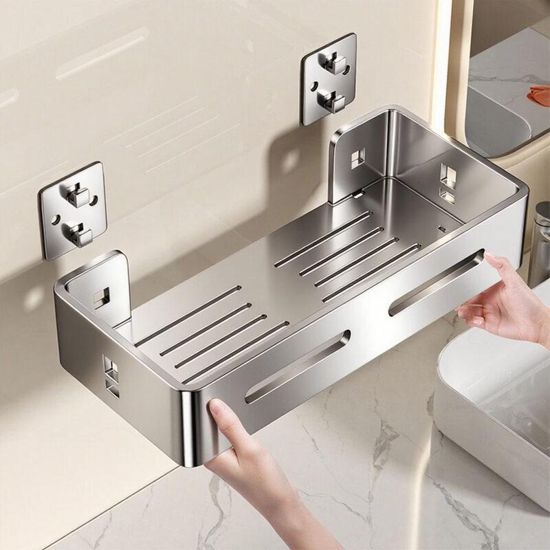 Stainless Steel Adhesive Wall-Mounted Bathroom Shelf