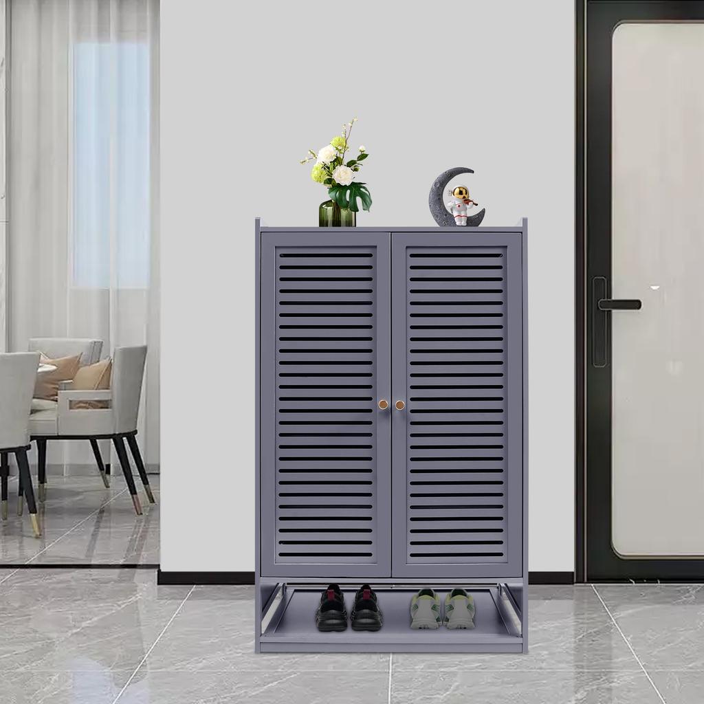 7-Tier Shoe Storage Cabinet with Louvre Doors, Grey 2-Door Shoe Rack Organizer, Holds Up to 22 lbs Per Shelf for Entryway,Closet