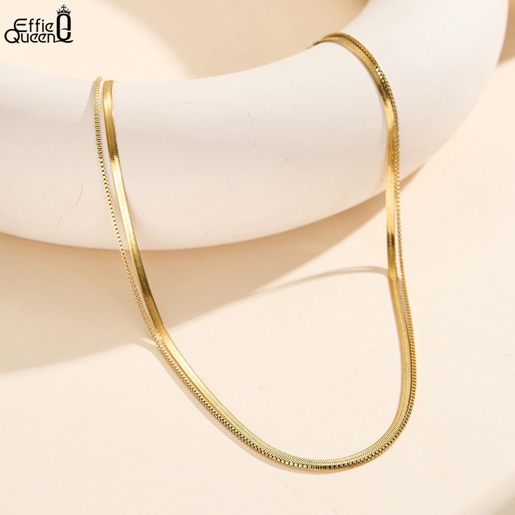 EFFIE QUEEN Stainless Steel 18k Gold Double Layered Snake Chain Choker Necklace Simple Jewelry for Women Banquet Party STCC03