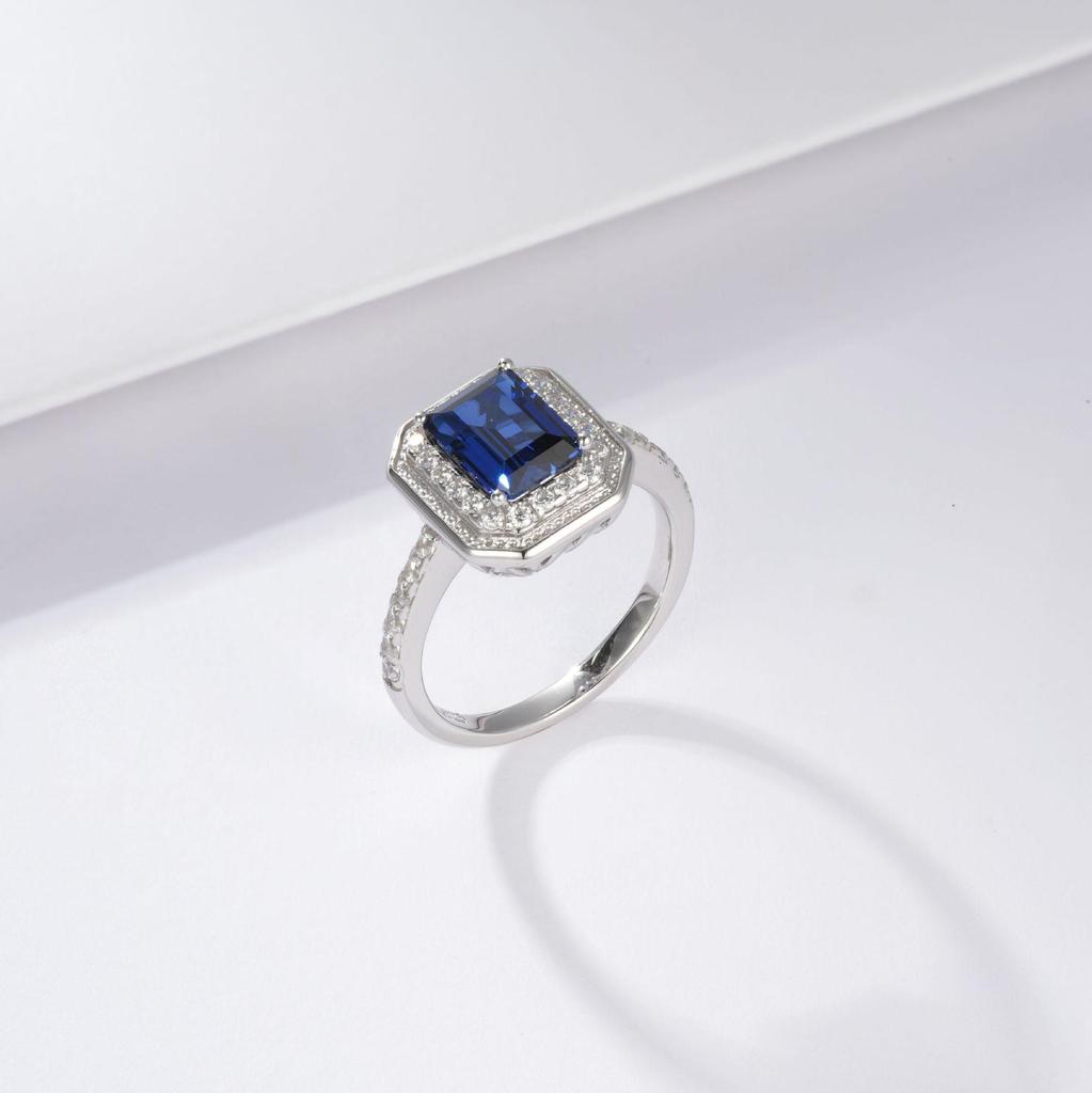 Zhou Hengfu S925 Sterling Silver Cultured Sapphire & Paved Diamond Ring - Women's Light Luxury Style with Colored Gemstones.