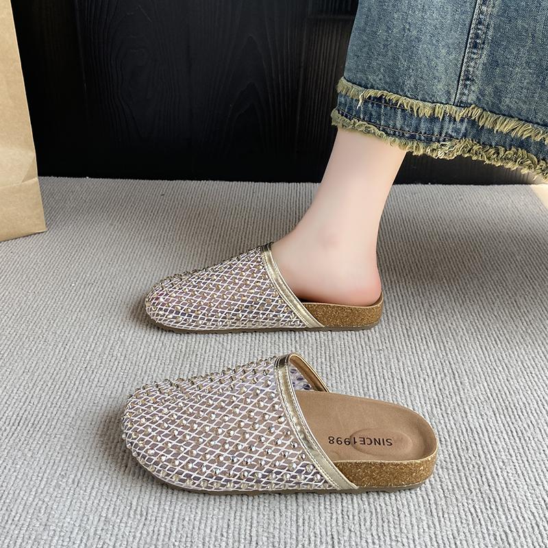 Fashion Super Popular Water Diamond Full Diamond Women's Shoes, Fishing Net Toe Cover Half-slippers, Flat Lazy Women's Sandals