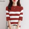 Women Casual Round Neck Loose Stripe Print Half Sleeve Blouse