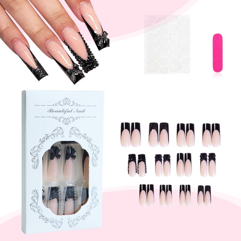 

Handmade Black French Edge Nails with Glitter Bow