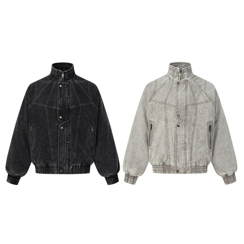 Magic Bear 2026 Winter Washed Distressed Cotton Padded Jacket Couple Streetwear Loose Fit Stand Collar Zip Up