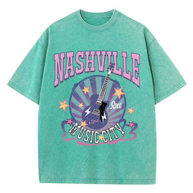 Dame Bomull Vasket T-skjorte Nashville Music City Trykk Kort Erm Sommer Oversize T-skjorte Mote Street Klær
