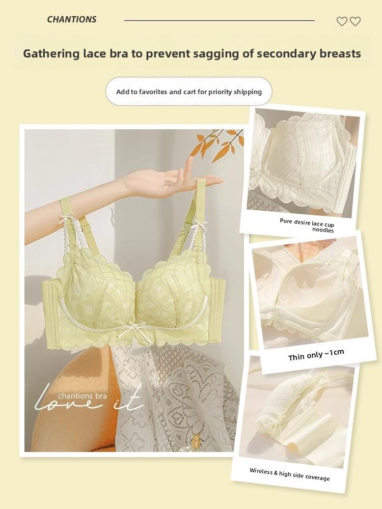Coquette Lace Petal Soft Support Wireless Bra, Push Up Anti-Sag Side Gathering Small Bust Women Bra