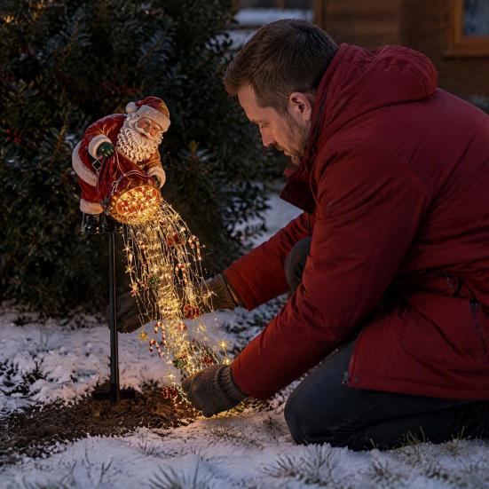 Solar-Weihnachts-Gartenleuchten Erdspießleuchte, Santa gießt fließende LED-Lichterketten, Bunte magische Strombetriebene Dekorationen Lichteffekt, Außenbereich