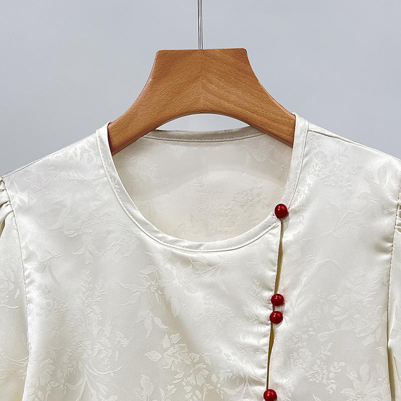 Garden Neck Short-sleeved Chiffon Shirt for Women New Chinese Style Women's New Jacquard Shirt Age-reducing Puff Sleeve Top