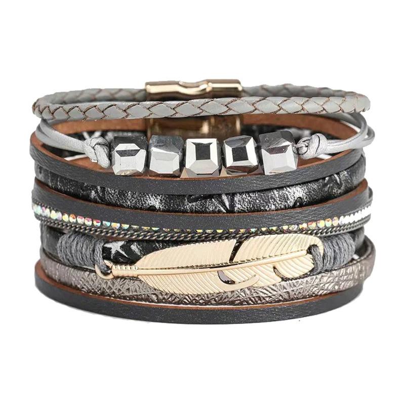 Богемный кожаный браслет для женщин ретро перо хрустальные бусины многослойный плетеный браслет ювелирные изделия подарки