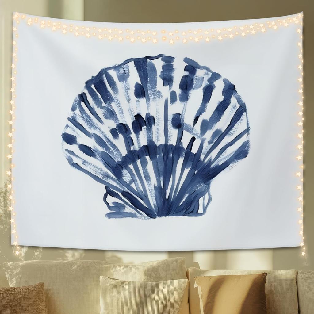 Coastal Scallop Shell Tapestry Blue Watercolor Seashell Wall Art Beachy Nautical Decor for Bedroom Dorm 71x110 Inches