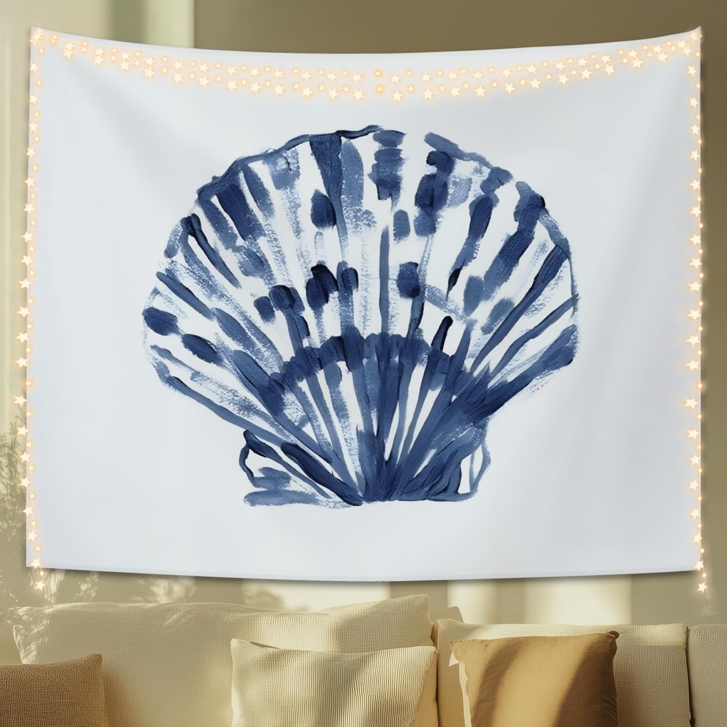 

Coastal Scallop Shell Tapestry Blue Watercolor Seashell Wall Art Beachy Nautical Decor for Bedroom Dorm 71x110 Inches 74x94cm(29x37in)