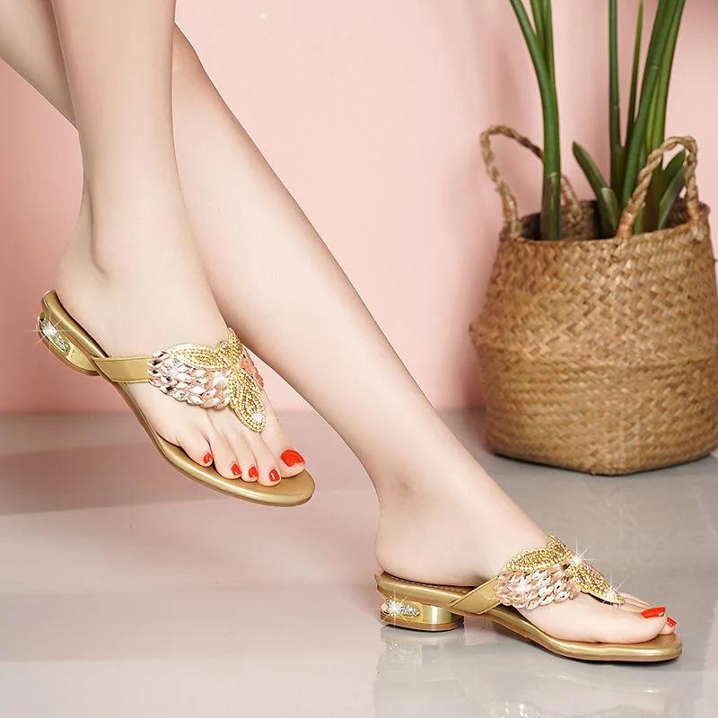 Soleist Water Diamond Slippers for Women Summer Outwear Bohemian Beach Shoes Low Heel Holiday Flip Flops Sandals