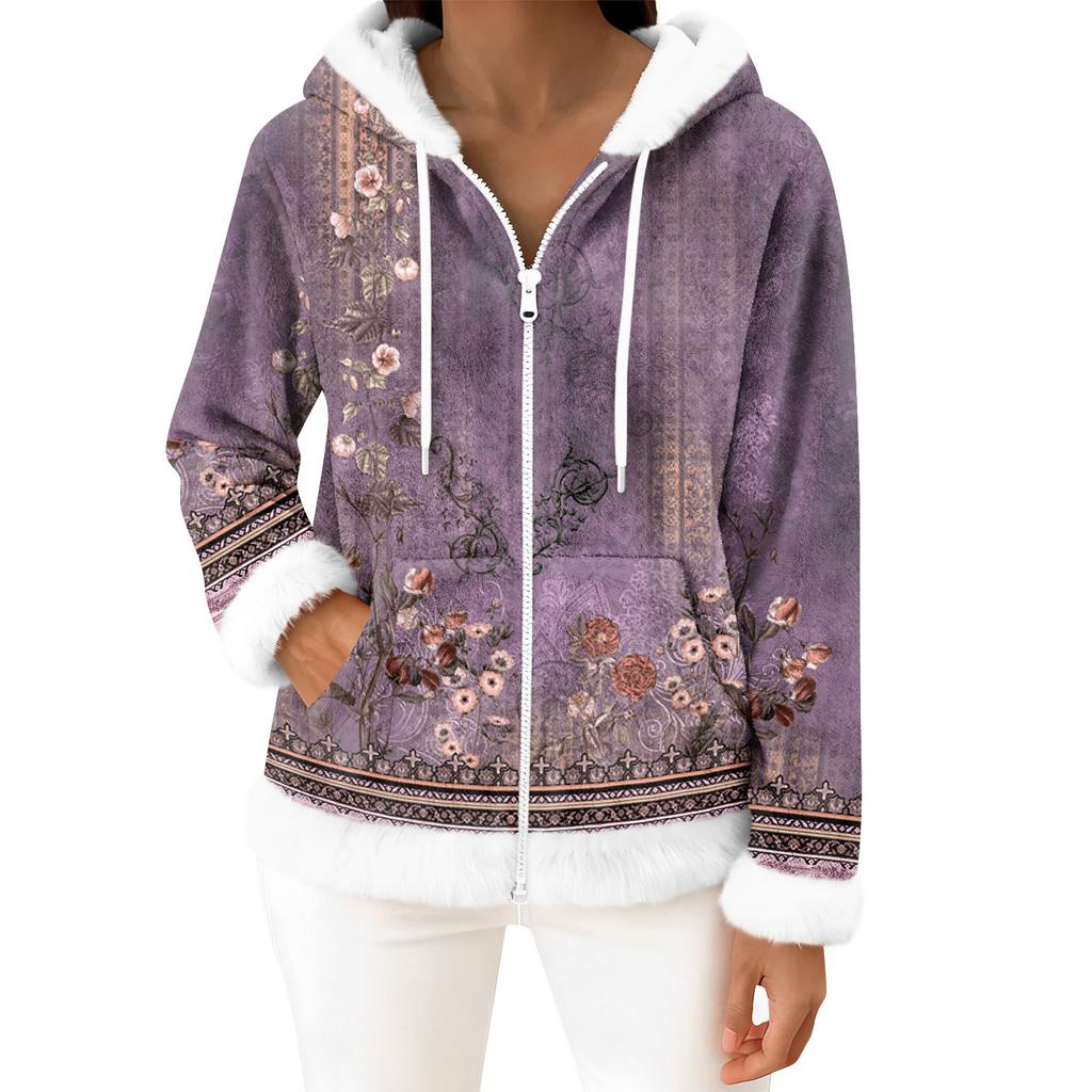 Damers vardagliga mode långärmad fleecekofta med dragkedja och huva