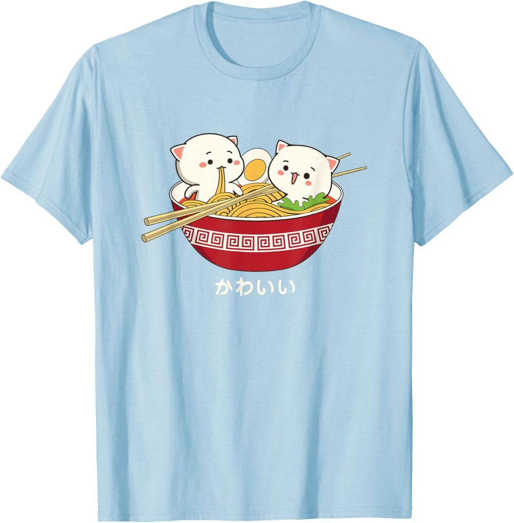 Kawaii Cat Ramen Eating Noodle Graphic Tee Cute Japanese Animal Lover Cotton T-Shirt For Unisex Teens