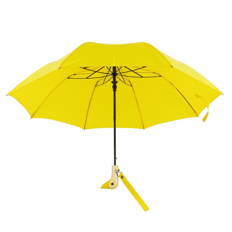 

Cute Three-Fold Duck Head Umbrella: Cartoon Design, Wooden Handle, Solid Color for Rain or Shine. 96cm