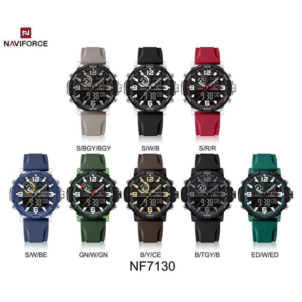 NAVIFORCE Original Men Dual Time Watch Quartz Movement LCD Digital Silicone Strap Waterproof Calendar Date Night Pattern Men Watch NF7130