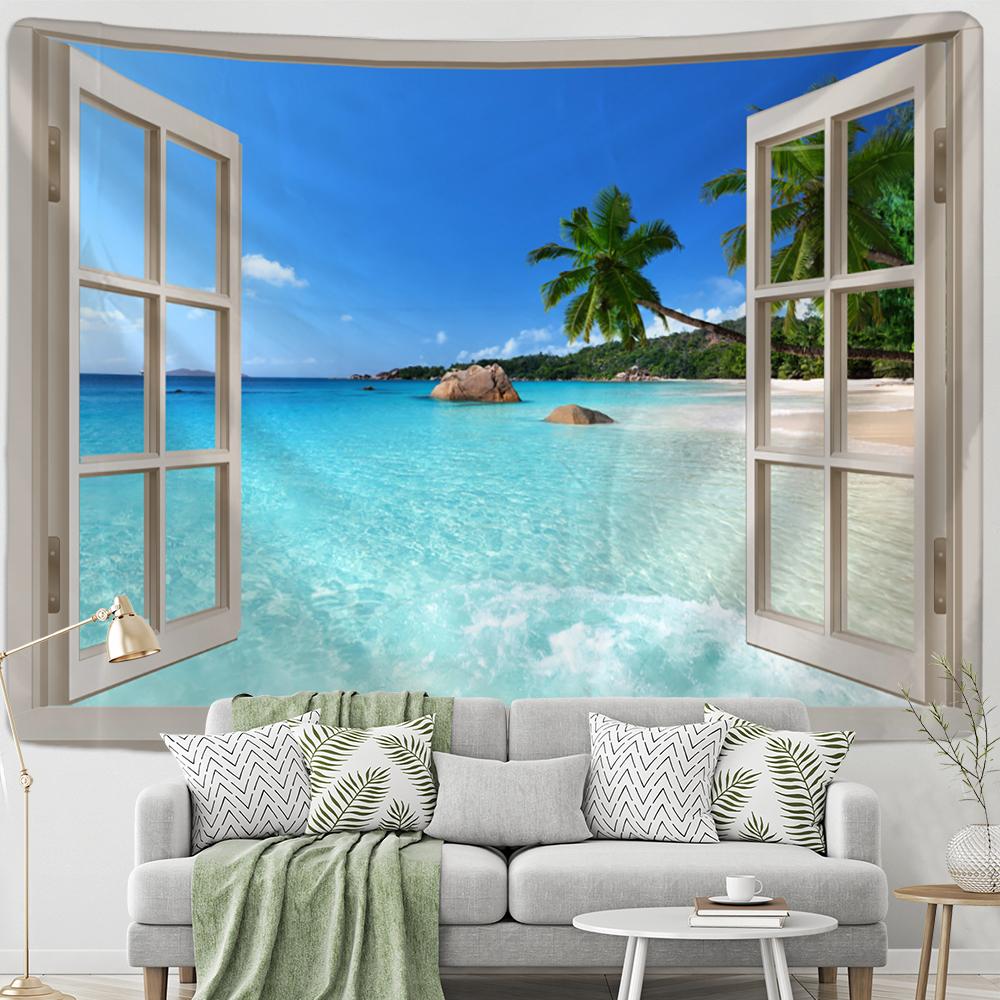 Fenster-Waldblick-Wandteppich, Wandbehang, Polyester-Decke, psychedelischer Hippie-Boho-Stil, Wohnzimmer-Dekoration