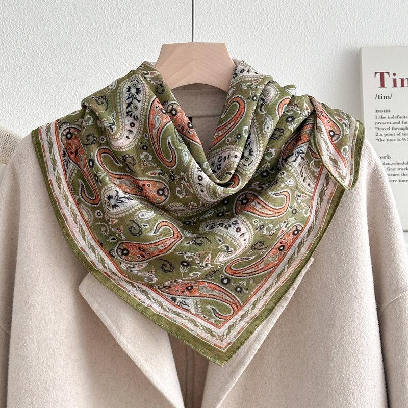 Green cashew flower cotton and linen headband silk scarf 70 small square scarf women s thin scarf scarf linen headscarf versatile shirt