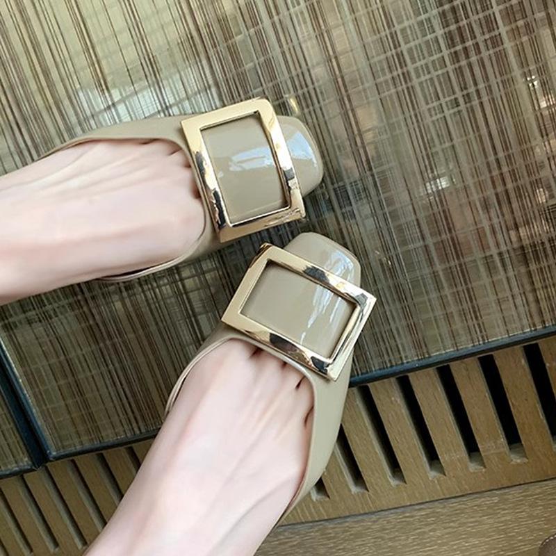 Sheepskin version~ square head shallow mouth single shoes women's buckle French temperament hollow sandals commuting leather grandma flats