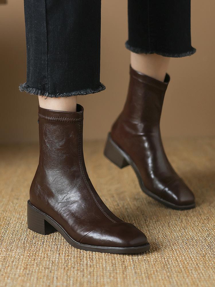 

Женские короткие ботинки из овчины, ботинки Мартина, 2025 осень-зима, новые кожаные ботинки, бархатные, на толстом каблуке, эластичные, тонкие ботинки 40 темно-коричневого