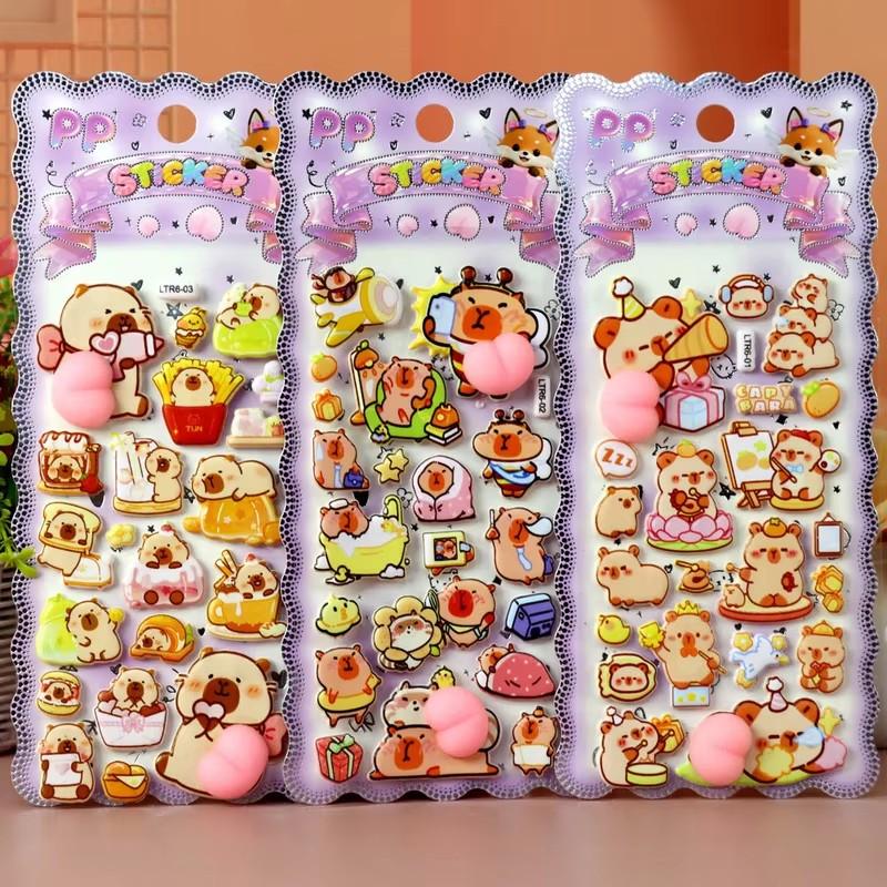 12pcs Cartoon Sticker 3D Puffy Squishy Stress Relief Rabbit Capybara Bear For Phone Case Laptop Decoration Journal Diy Collage