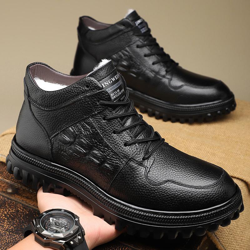 European Station Winter Men's Cotton Shoes Thickened Wool Warm Men's Shoes Integrated Fur Snow Boots Non-slip High-top Cotton Leather Shoes