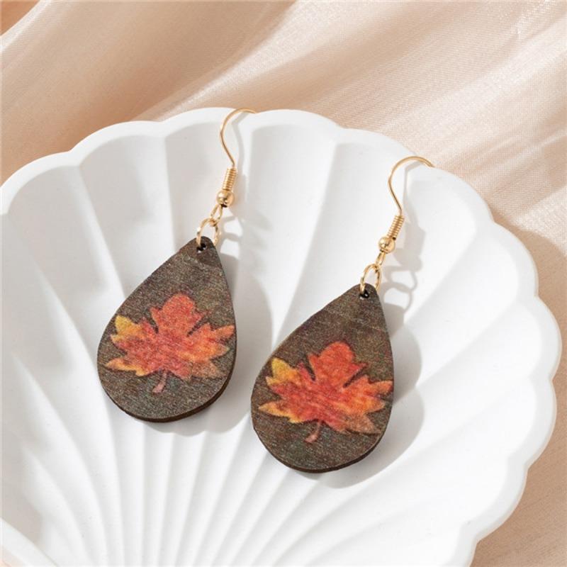 Brincos de madeira em forma de gota, impressão de folha de bordo, estilo antigo requintado, versatilidade diária, brincos para presente.