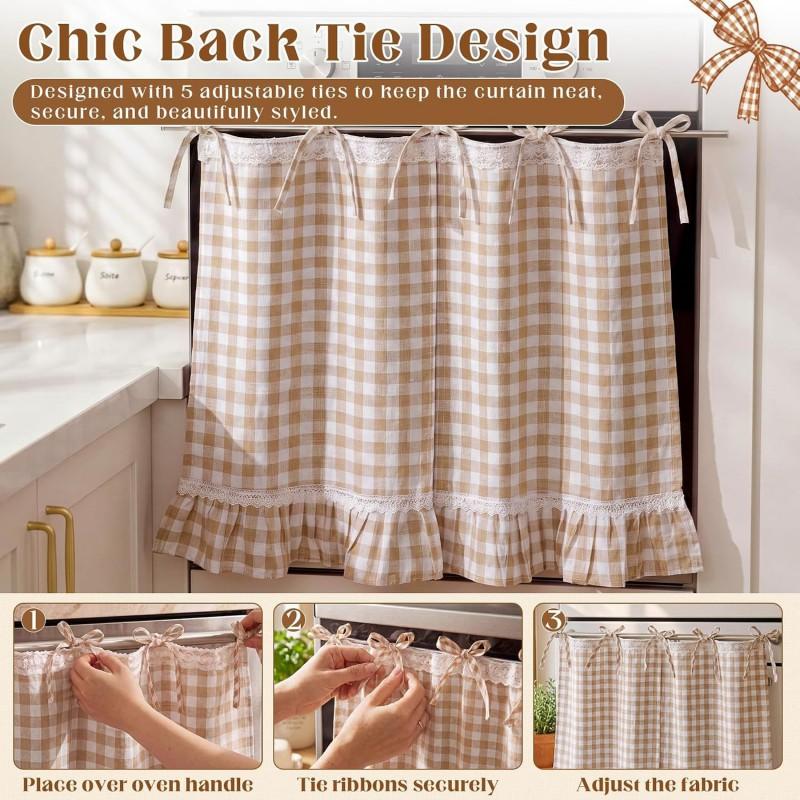 Lace Trimmed Oven Door Curtain With Center Tie Cotton Blend Grid Kitchen Appliance Cover