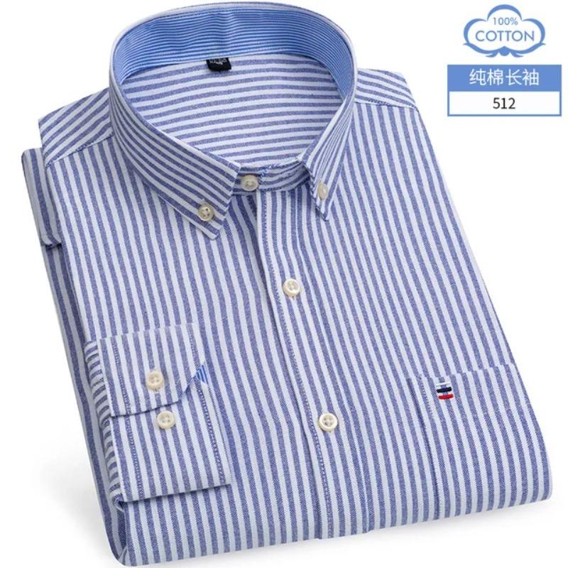 New S-7XLCotton Oxford Shirt For Mens Long Sleeve Plaid Striped Casual Shirts Male Pocket Regular-Fit Button-Down Work Man Shirt
