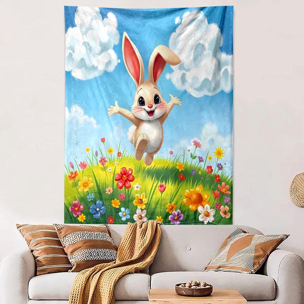Cute Bunny Jumping In Flower Field Patterned Tapestry Decorative Wall Hanging, Home Bedroom Living Room Decor