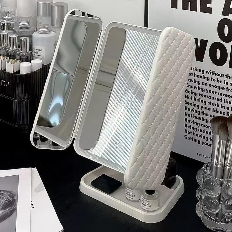 TNK Living LED Lighted Foldable Makeup Actress Tabletop LED Makeup Folding Magnifying Brightness USB Angle Storage Space Three-Way Mirror, Mirror,