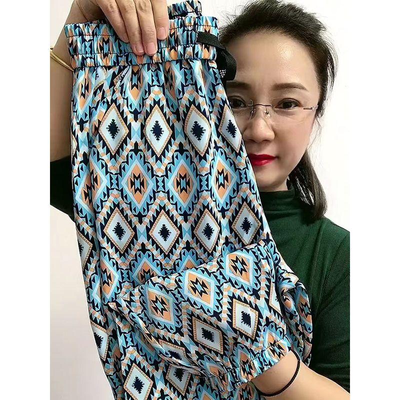 

European Goods High Waist Ankle-Tied Cropped Loose Thin Flower Pants Blue 3XL