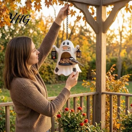 Wild Bird Feeding Station Halloween Ghost Feeder, Outdoor Hanging Big Mouth Backyard Supplies Station, Spooky Resin Statue for Outside Garden