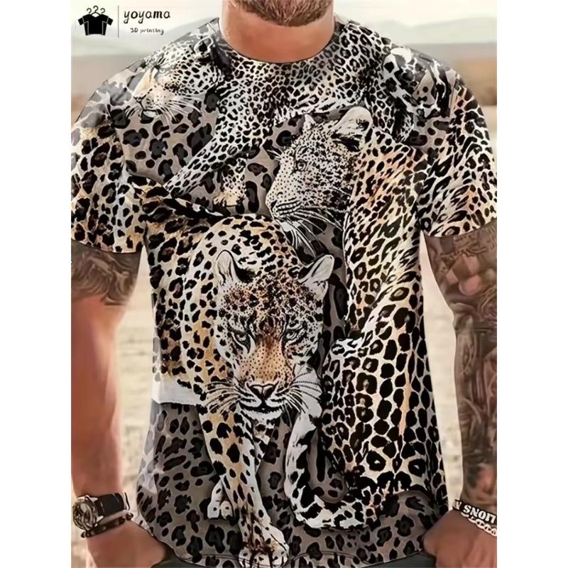 Men‘s T Shirt Men's Stylish Leopard Pattern Animal Print Y2k Casual Short Sleeve O Neck Tee Loose Top Outdoor Oversized Clothing